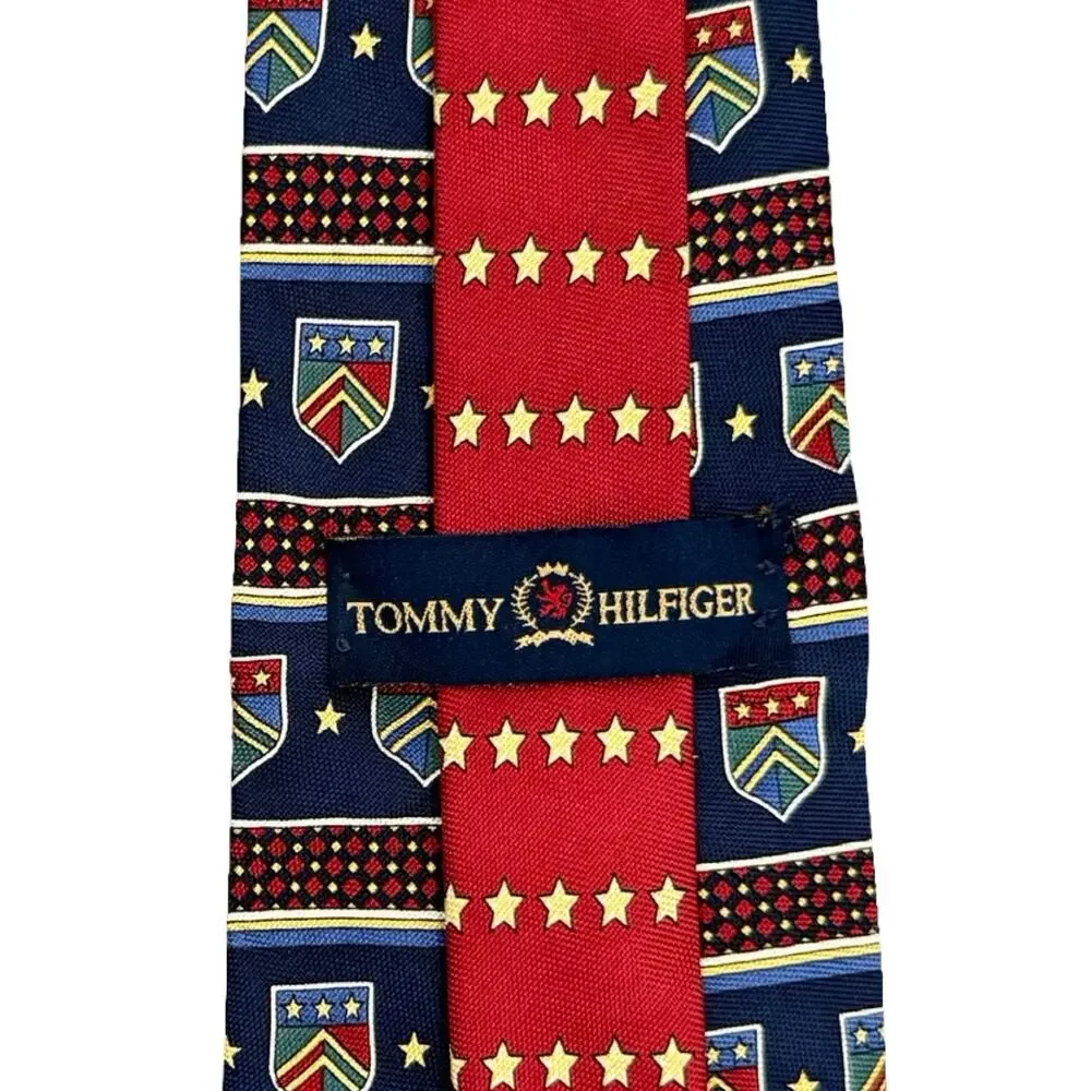 Vintage Tommy Hilfiger Shield Crest Logo 100% Silk Blue Red Stars Tie Necktie